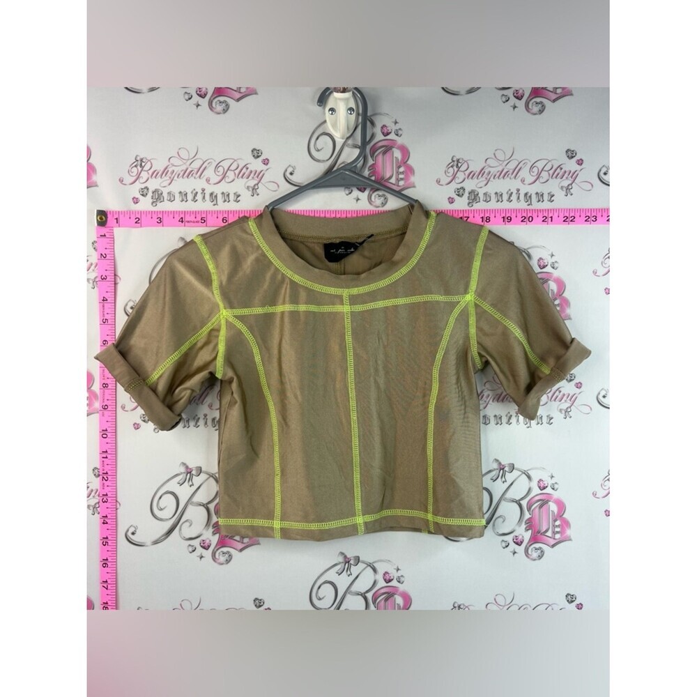 Urban Outfitters crop top Khaki Crop Tee with Neon Yellow Contrast Stitching